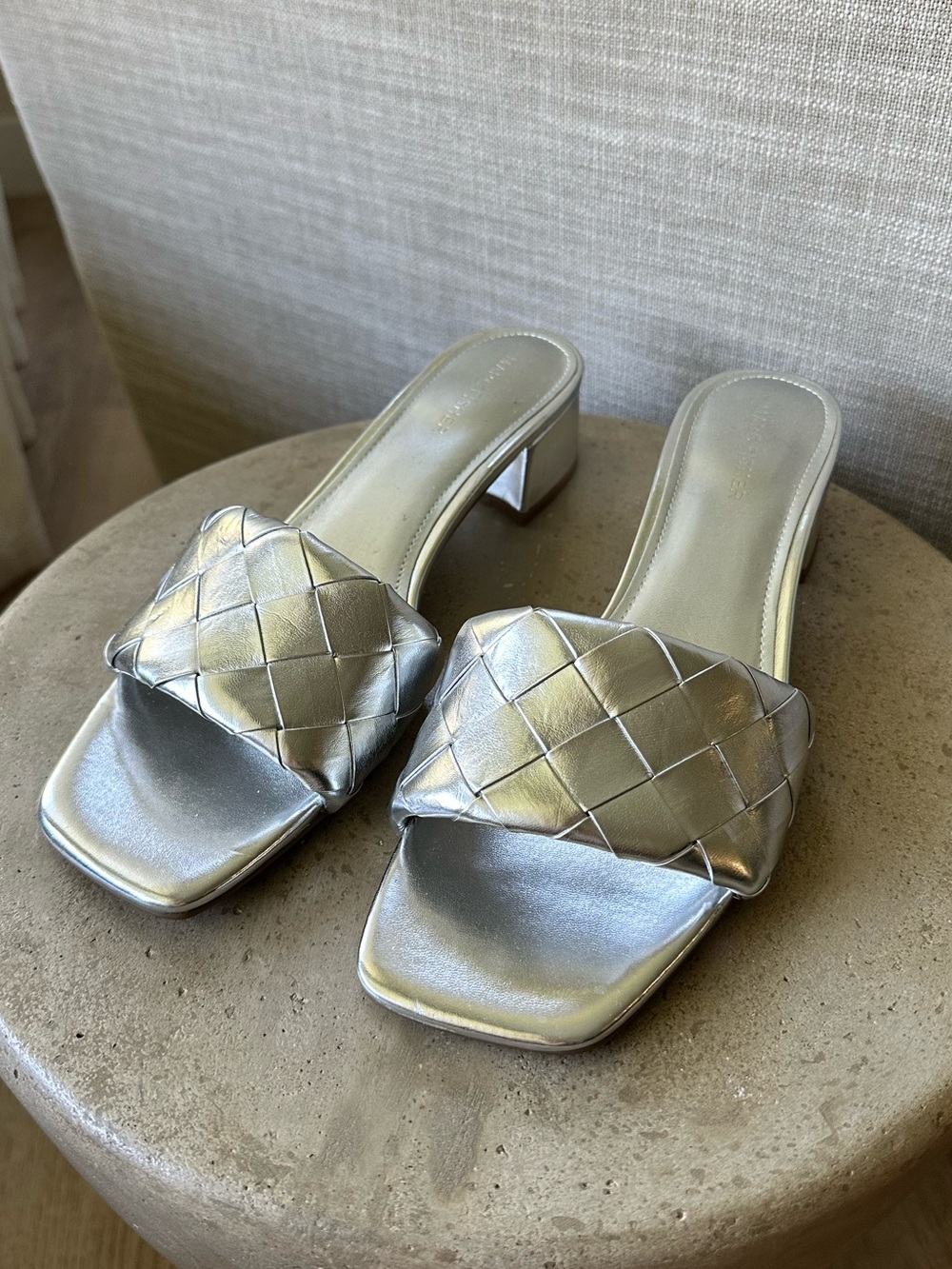 Marc Fisher Woven Silver Slide Low Heels size 9.5 Casper Square Toe‎
